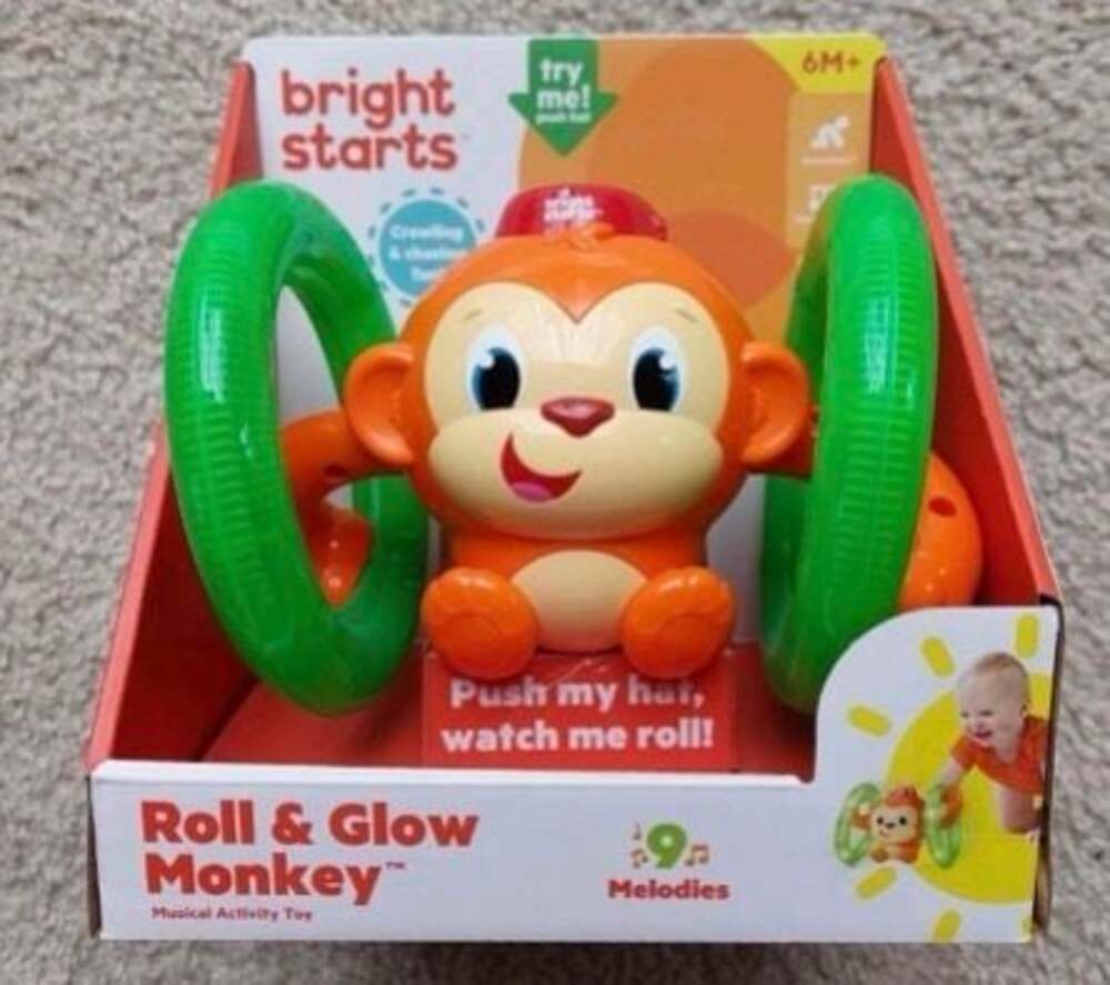Bright Starts Roll & Glow Monkey Baby Toddler Toy w/ Lights & Melodies, NEW
